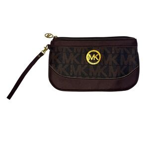 Michael Kors Espresso Brown Signature MK Monogram Wristlet Clutch Gold Logo